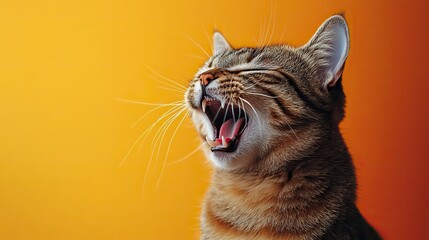 A wild tabby cat hissing with bared teeth on a bright background, perfect for Halloween-themed events or pet-related promotions.