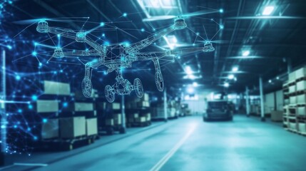Fototapeta premium Artificial intelligence in logistics, with digital maps and delivery drones.