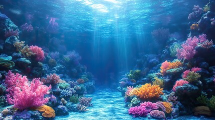 A wildlife scene of the world ocean with coral reefs on the ocean floor, designed for banners, posters, or greeting cards promoting marine life, ecology, or World Ocean Day with copy space.