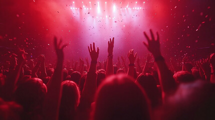 beautiful woman dances confidently at the back of a lively group in a club, radiating joy and freedom in a vibrant social atmosphere
