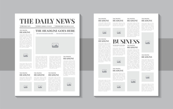 Modern newspaper template design with headlines, column articles, daily advertising, magazine page or generic old newspaper vector template layout