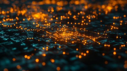 Artificial Intelligence network visualized as glowing neural pathways across a digital background.