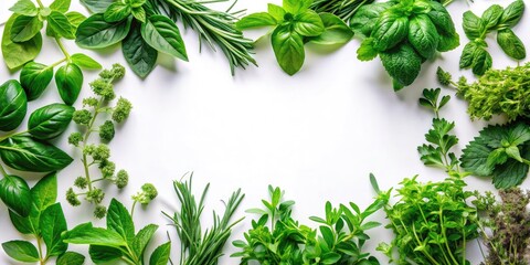Obraz premium Fresh Herbs in Creative Frame on White Background â€“ Healthy Eating, Natural Ingredients, Culinary Art, and Alternative Medicine Concept