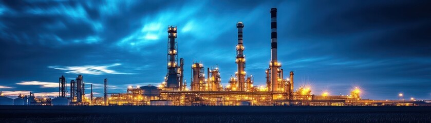 Naklejka premium Illuminated Industrial Refinery at Dusk with Dramatic Sky and Bright Lights Creating a Stunning Contrast Against the Evening Horizon
