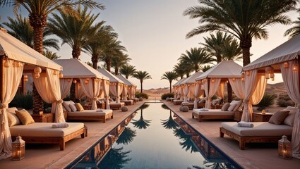 Fototapeta premium Luxury Desert Oasis Spa with Palm Trees and Silk Cabana Drapes