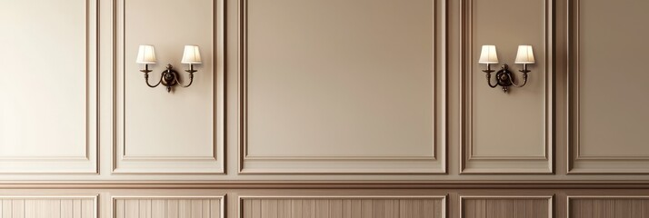 Classic 3D living room with beige wall, wood panels, and vintage sconces.