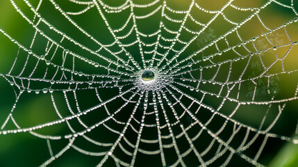 Obraz premium natural macro shot of dew covered spider web, showcasing intricate patterns and glistening droplets. vibrant green background enhances beauty of this delicate structure