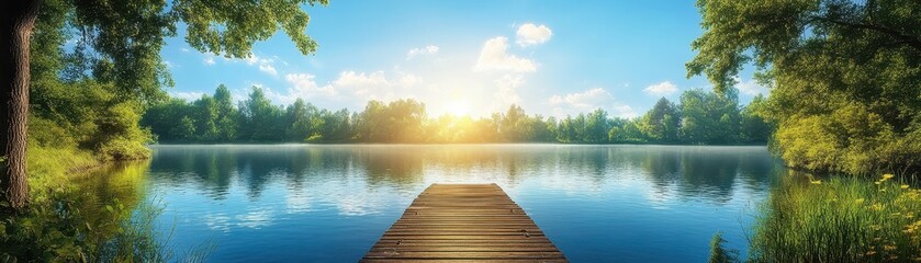 Fototapeta premium Serene Sunrise Over Tranquil Lake with Wooden Dock and Lush Greenery in a Peaceful Natural Setting