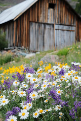 Obraz premium Old wooden barn with wildflowers growing around it