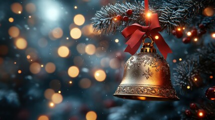 A 4K rendering of a Christmas bell ornament with shiny gold finishes and a delicate red ribbon.