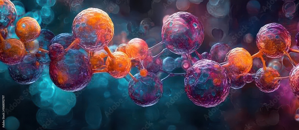 Wall mural abstract molecular structure with vibrant colors and bokeh background in a scientific and futuristic