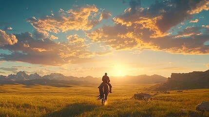 Fototapeta premium A rider on horseback against a vibrant sunset over a mountainous landscape.