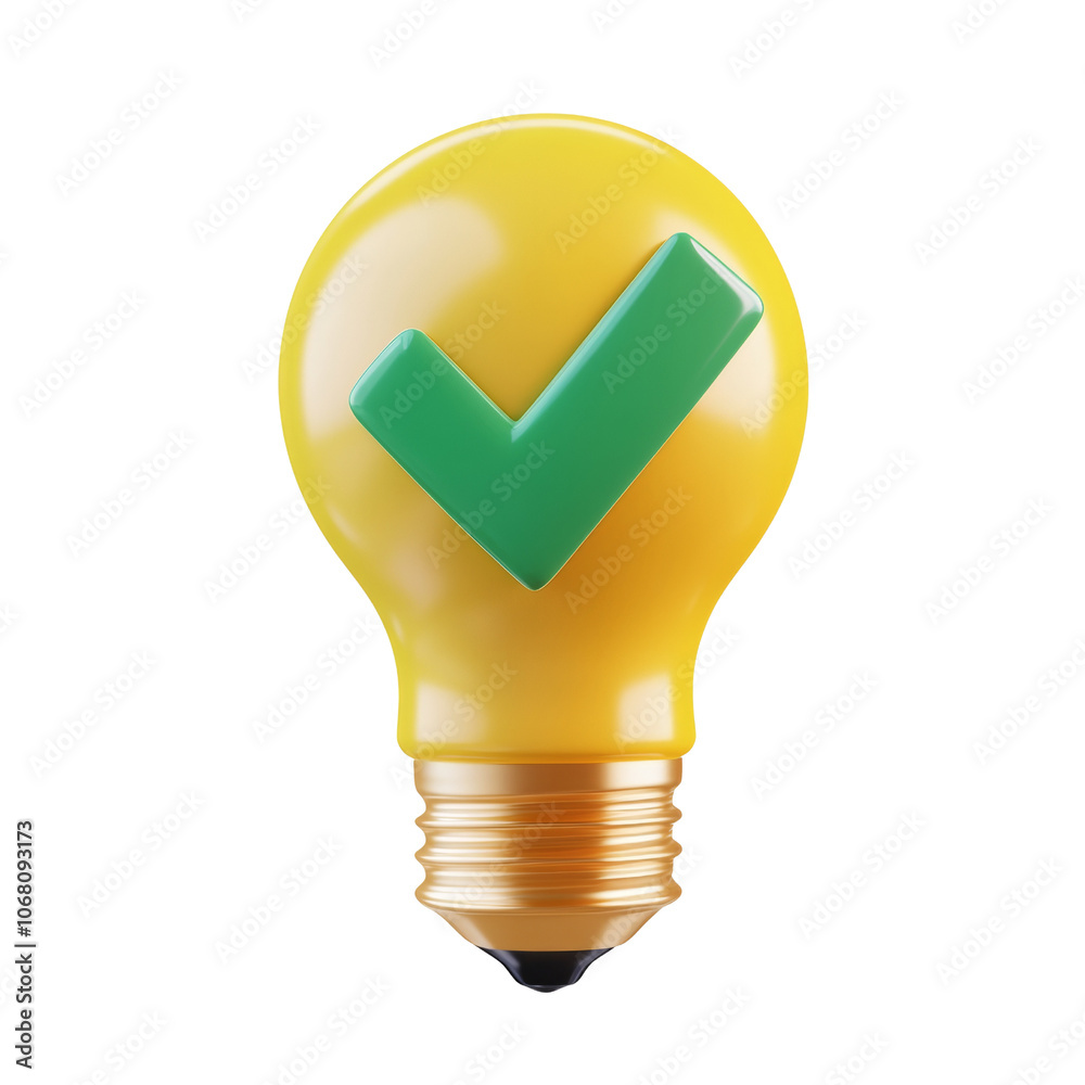Poster 3d yellow light bulb with green check mark - innovation & verification icon