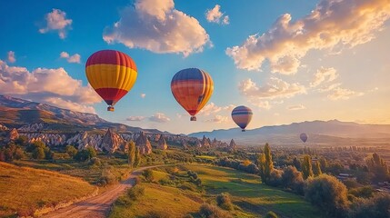 Fototapeta premium Colorful hot air balloons soaring over a picturesque landscape at sunset.