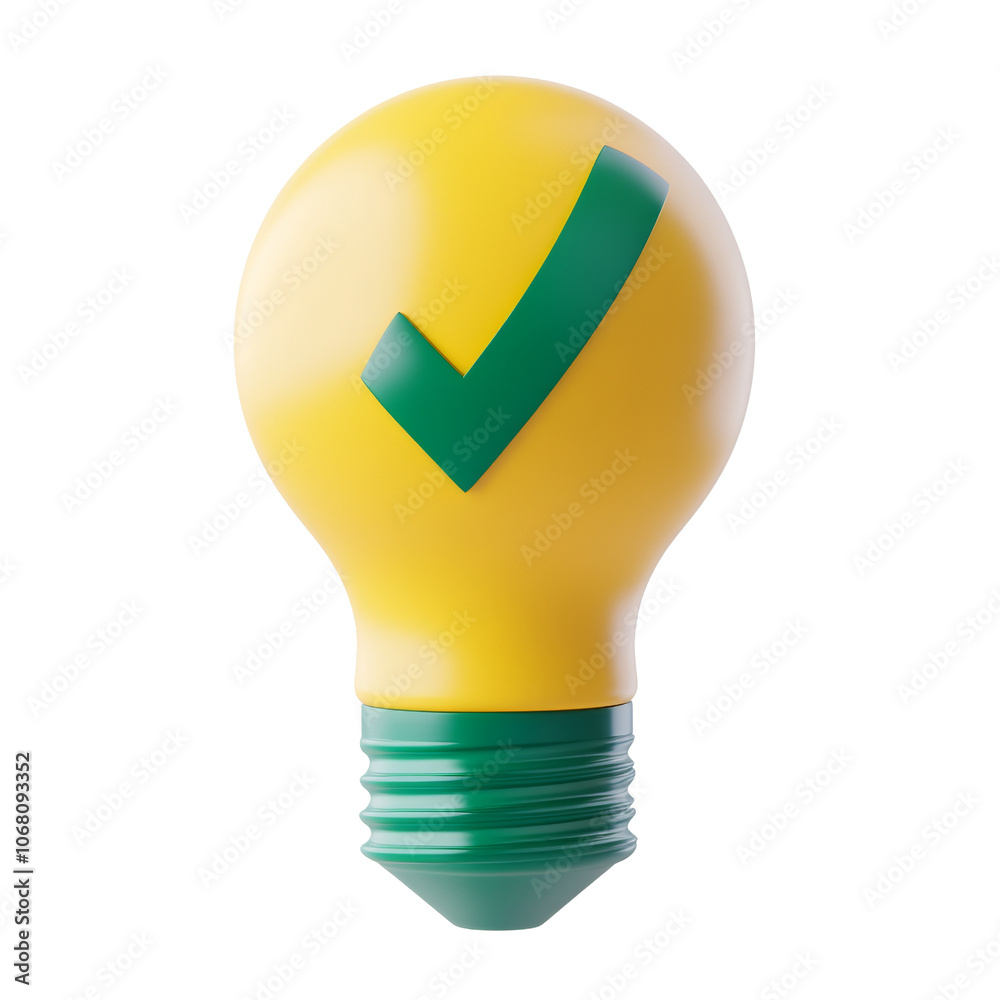 Poster 3d yellow light bulb with green check mark - innovation & verification icon