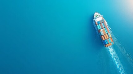 Serene sunset seascape, container ship navigates calm waters, leaving gentle wake towards the horizon