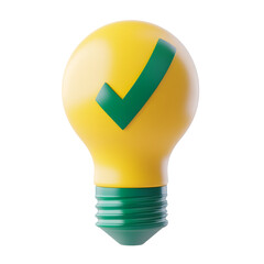 3D Yellow Light Bulb with Green Check Mark - Innovation & Verification Icon