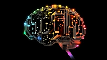 Self-learning AI represented by a colorful digital brain interface.