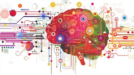 Self-learning AI represented by a colorful digital brain interface.