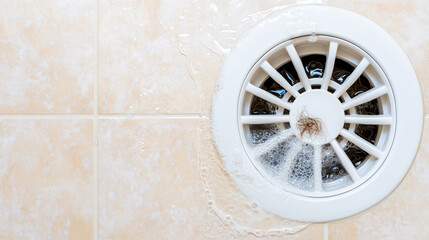 Shower drain with water and hair, showing potential clogging issues