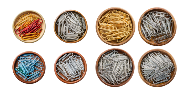 Colorful Paper Clips in Wooden Bowls on Transparent Background - Powered by Adobe