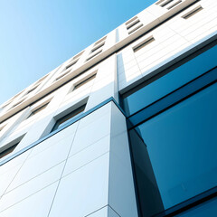 Low angle shot of a facade of a white modern building under a blue