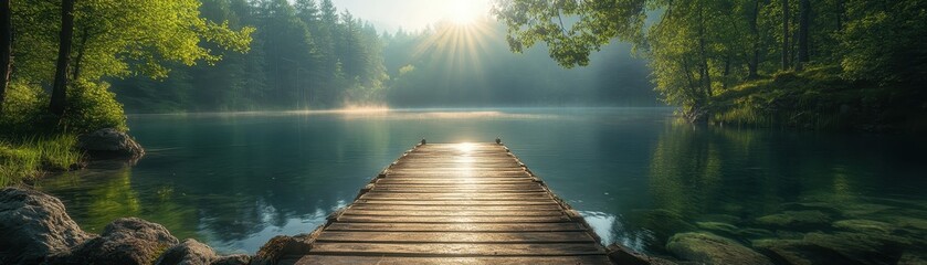 Serene Wooden Dock Overlooking a Misty Lake with Sun Rays Breaking Through the Forest Canopy in a Tranquil Morning Scene