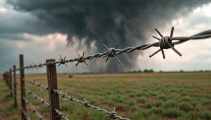 Fototapeta premium Barbed Wire Fence with Tornado Debris