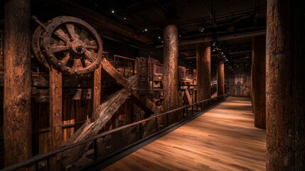 An interior view of a historic industrial space with wooden structures.