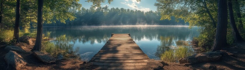 Fototapeta premium Serene Morning at a Tranquil Lake with Wooden Dock Surrounded by Lush Green Forest and Misty Atmosphere Under a Clear Blue Sky