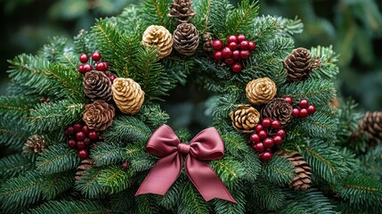 A classic green pine wreath with red berries and a bow, floating on a white background.