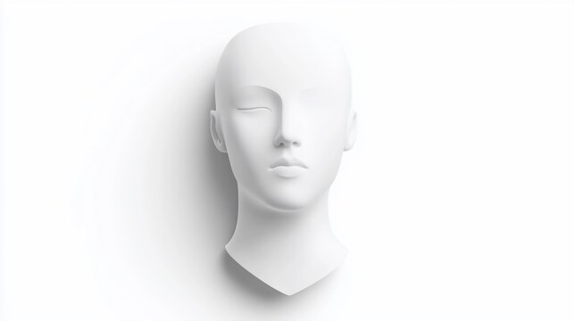 A white mannequin head with closed eyes and a neutral expression, isolated on a white background.