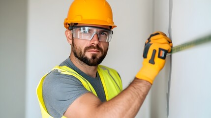 Portrait of a professional construction worker wearing safety gear and using a laser level tool to ensure precise alignment and accuracy while working on a building or construction project