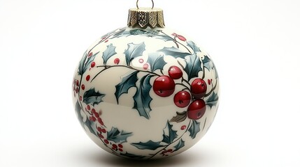 A classic round Christmas bauble with holly and ivy patterns, standing out on a clear white background.