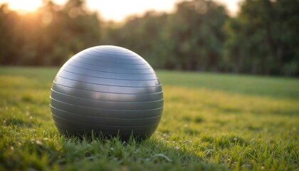 Close-Up Stability Ball for Burpees with Blurred Meadow