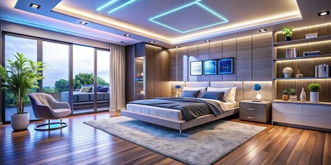 Naklejka premium Modern Bedroom with LED Lighting and Smart Home Features for Energy Efficiency and Comfort