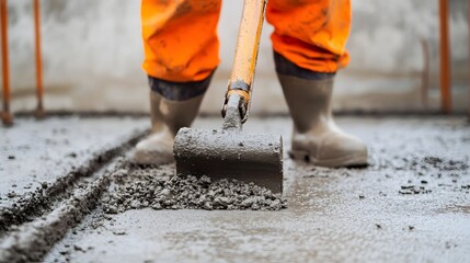 A construction worker wearing orange safety gear operating a jackhammer to break up and demolish concrete on a city sidewalk as part of an infrastructure repair or building renovation project