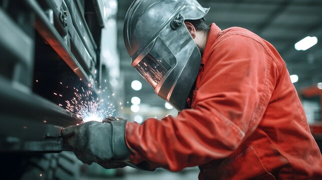 Skilled welder using a welding torch to repair and reinforce a heavy duty truck frame with bright sparks flying in an industrial workshop setting