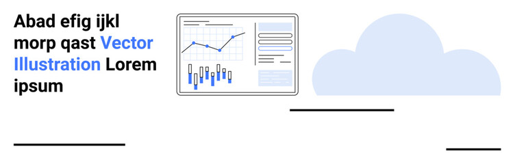 Graph with line and bar charts, abstract text, and a cloud icon. Ideal for analytics, data visualization, technology, cloud computing, business intelligence, presentations, and marketing. Landing