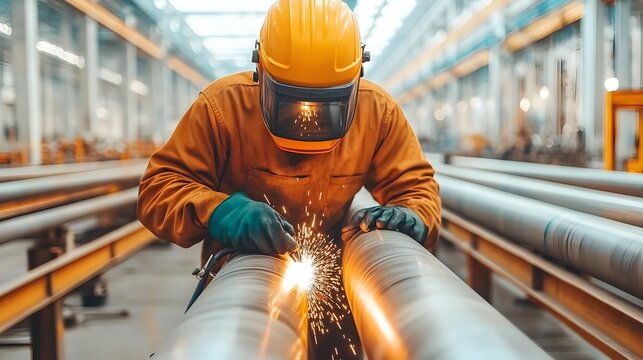 Welder wearing full protective equipment including a hardhat goggles and gloves welding metal tubes together in the production line of an industrial manufacturing factory