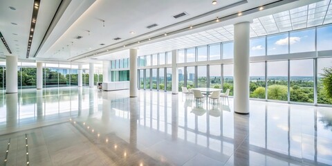 Obraz premium Modern Minimalist White Room with Floor-to-Ceiling Windows â€“ A Space for Creativity and Events in Contemporary Architecture