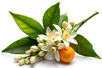 A close up of orange, flowers and leaves over white background.