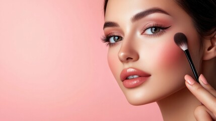 Asian woman testing cosmetics, showcasing beautiful makeup and a radiant complexion