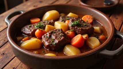 Hearty beef stew with potatoes and carrots in rustic pot

