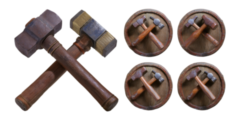 Wooden Hammers and Shields for Crafting and Design, PNG collection, set bundle, isolate on transparent or white background
