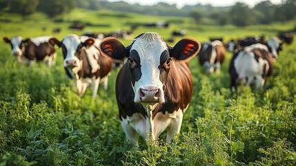 A herd of cows grazing freely in a green field, perfect for rural landscape banners, posters, or greeting cards showcasing the beauty of farmland and sustainable agriculture.