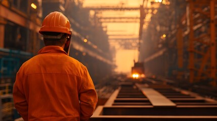 Obraz premium Skilled welder working in a shipyard using welding equipment to fabricate steel plates for a vessel s hull surrounded by massive industrial machinery and infrastructure