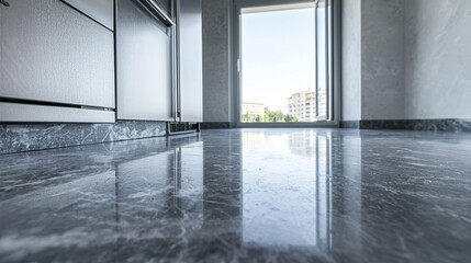 Modern interior view with polished floor and open door to outside.
