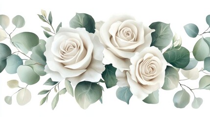 Elegant White Rose and Eucalyptus Watercolor Bouquet for Wedding Decor, Fashion, and Wallpaper Designs