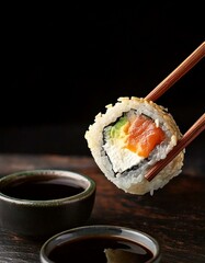 Palillos agarrando rollo de sushi de salmón